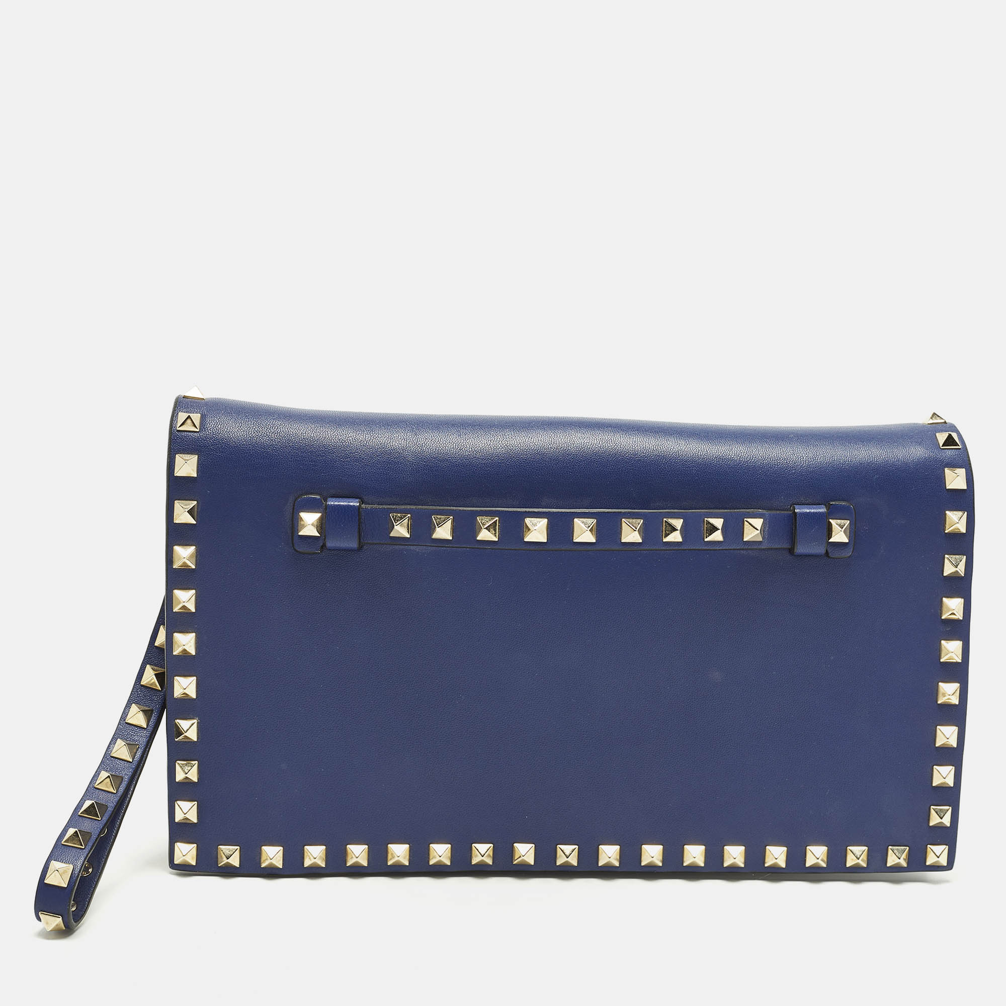

Valentino Rockstud Flap Dark Blue Leather Wristlet Clutch