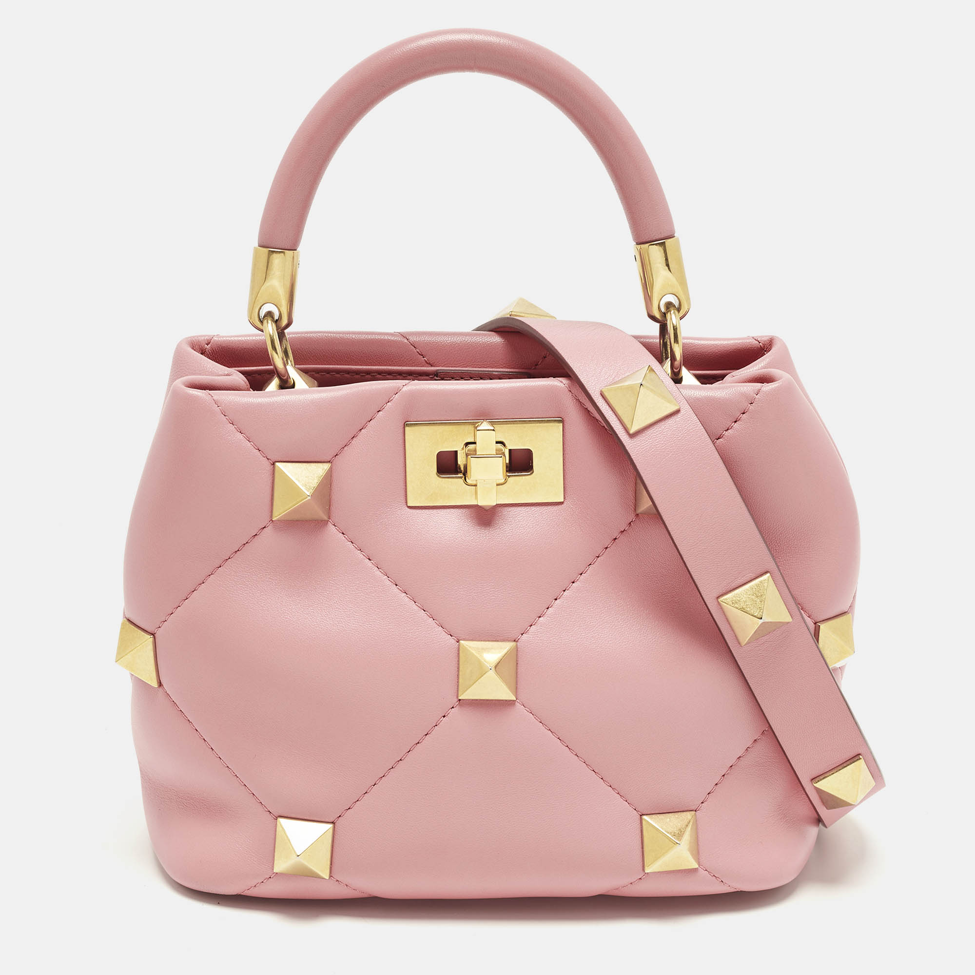 

Valentino Roman Stud Small Pink Quilted Leather Top Handle Bag