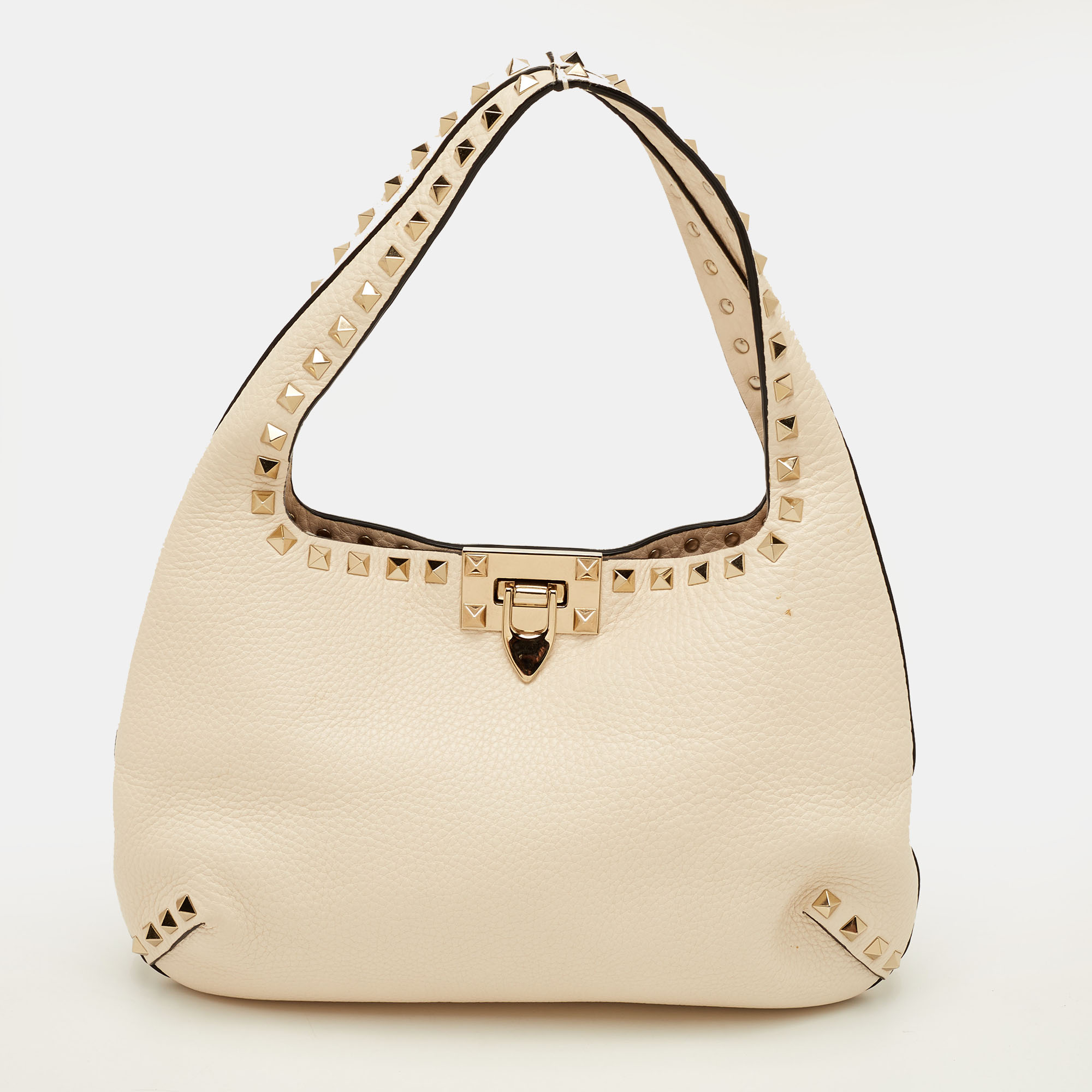

Valentino Rockstud Small Cream Leather Flip Lock Hobo