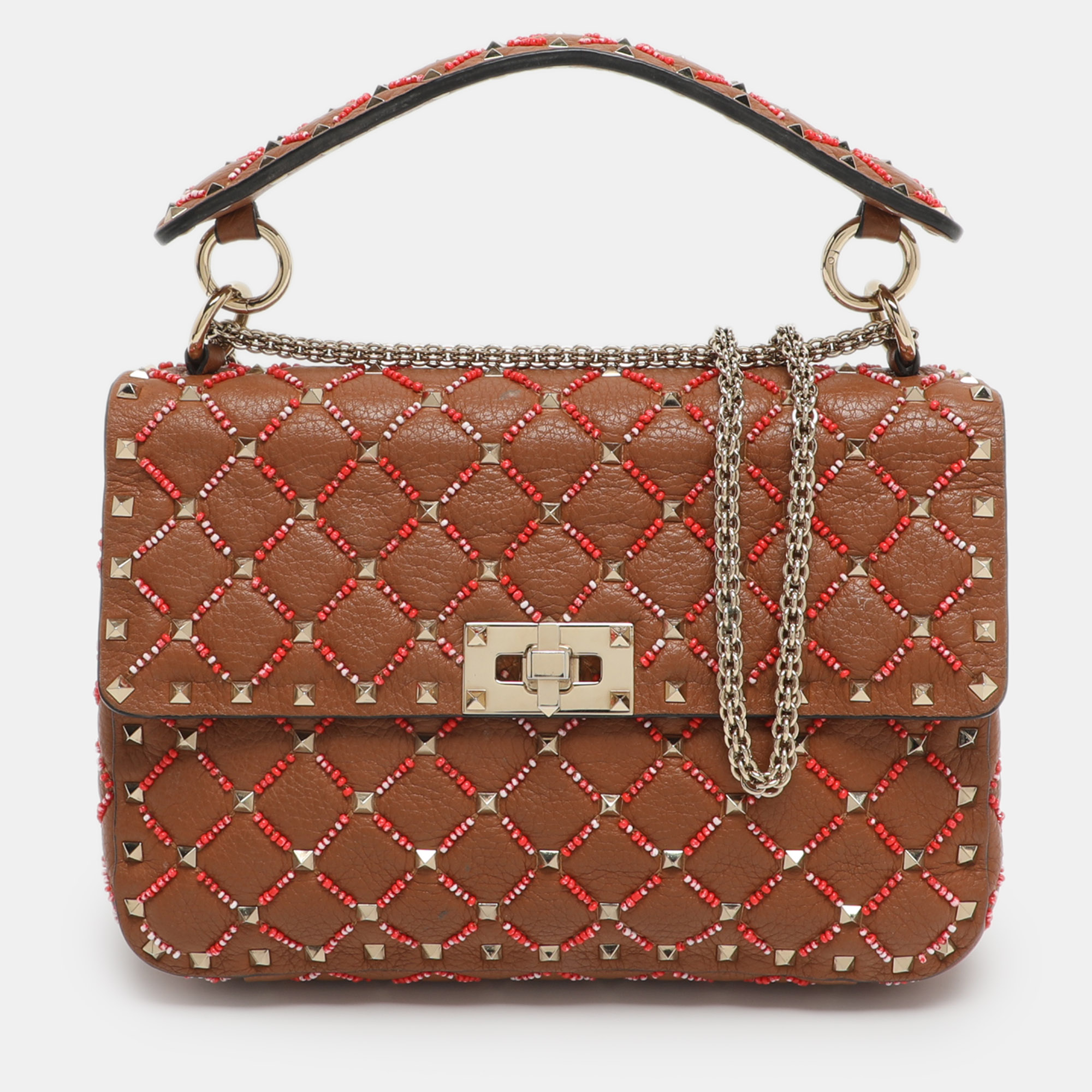 

Valentino Rockstud Spike  Brown Leather Top Handle Bag