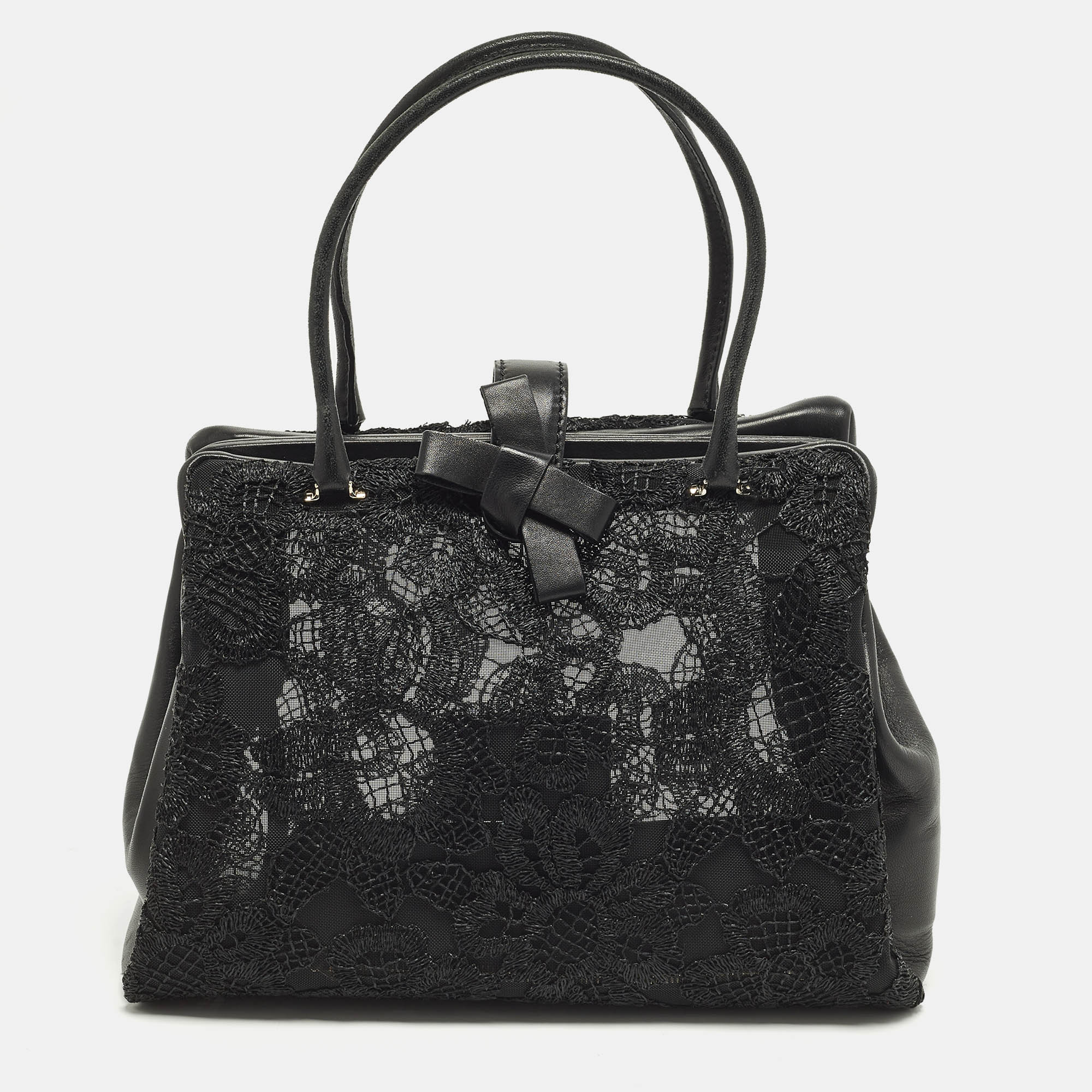

Valentino Bow Black Leather and Embroidered Mesh Frame Tote