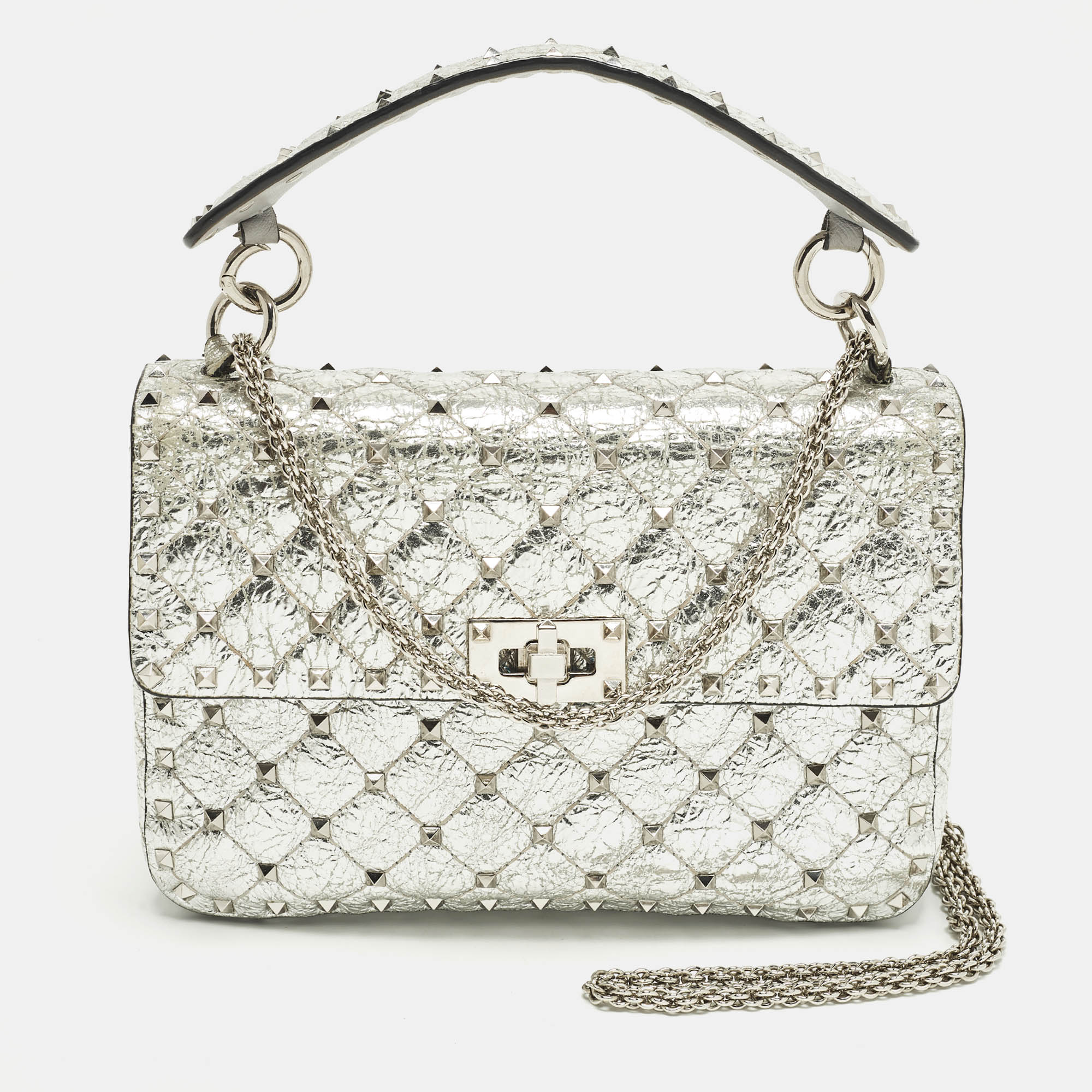 

Valentino Rockstud Spike Medium Silver Quilted Leather Shoulder Bag