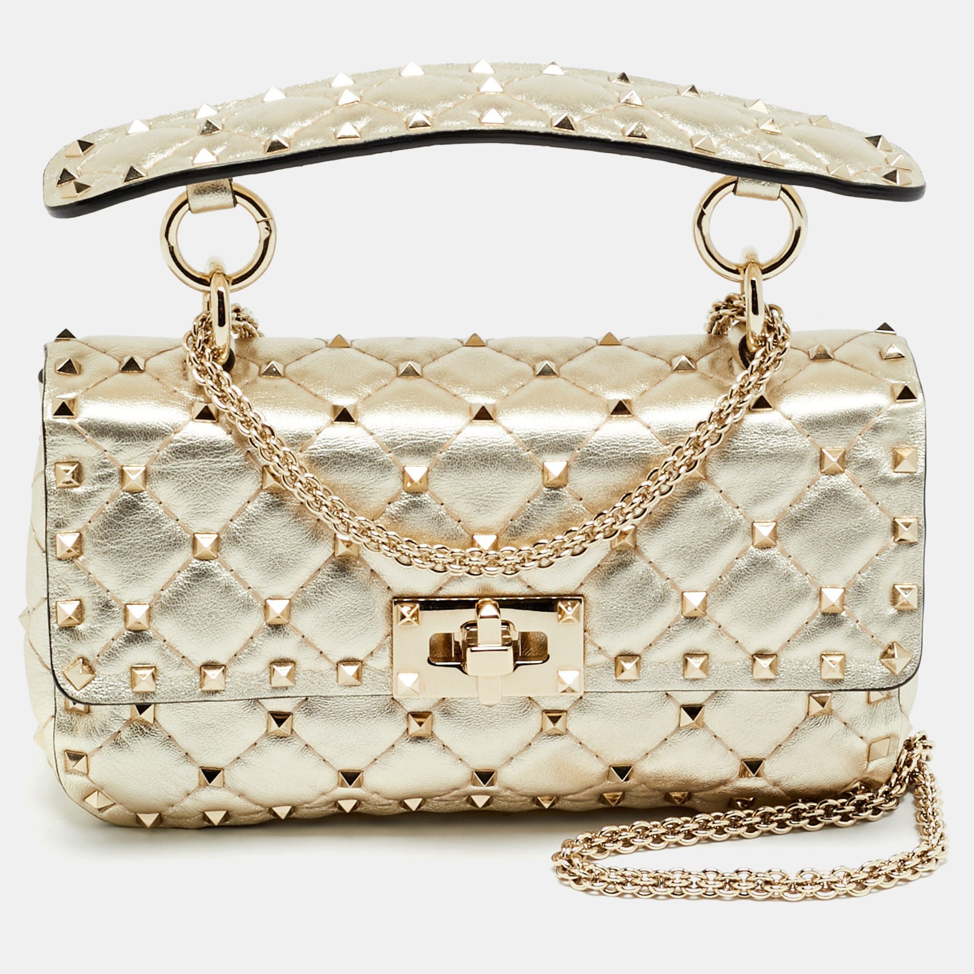 

Valentino Rockstud Spike Chain  Gold Quilted Leather Shoulder Bag