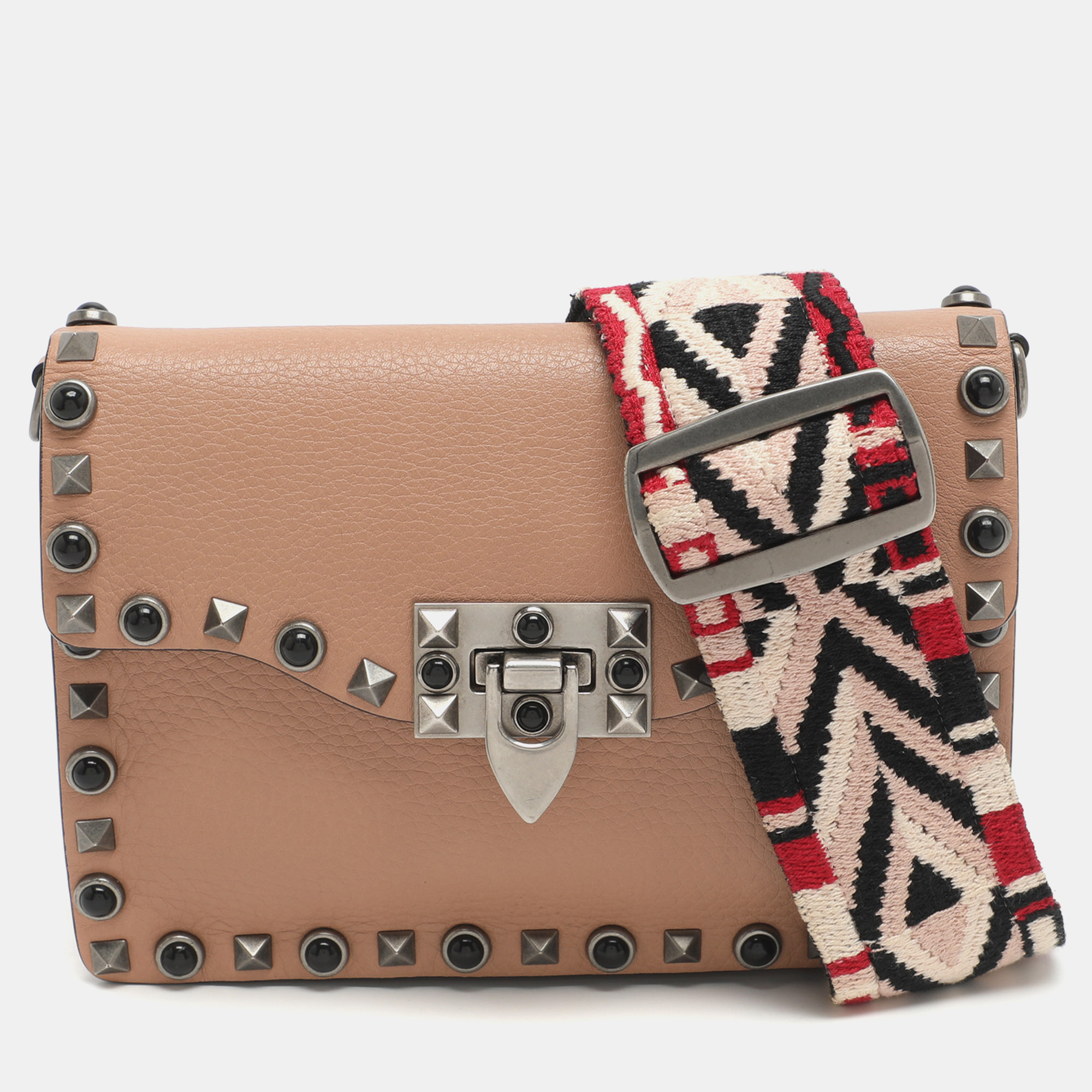 

Valentino Rolling Rockstud Peach Leather Guitar Strap Crossbody Bags, Pink