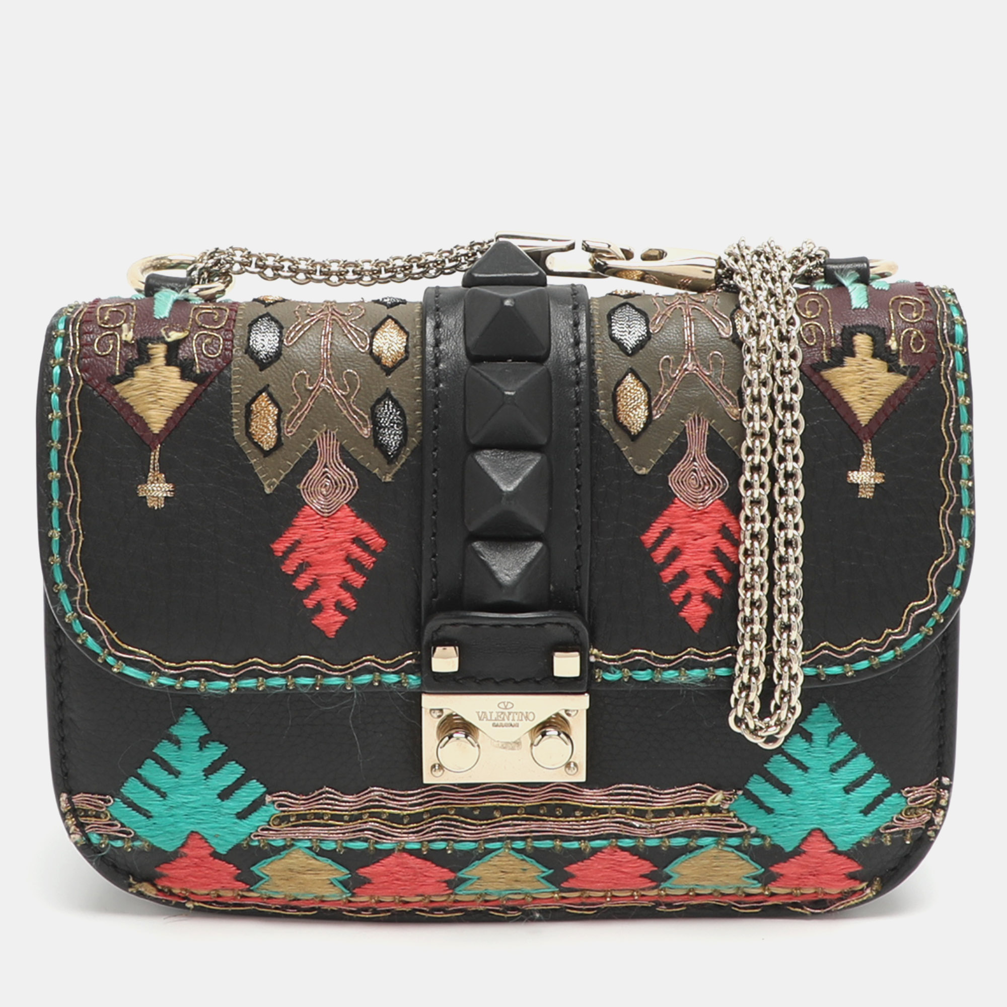 

Valentino Rockstud Glam Lock Small Black Leather Embroidered Flap Bag