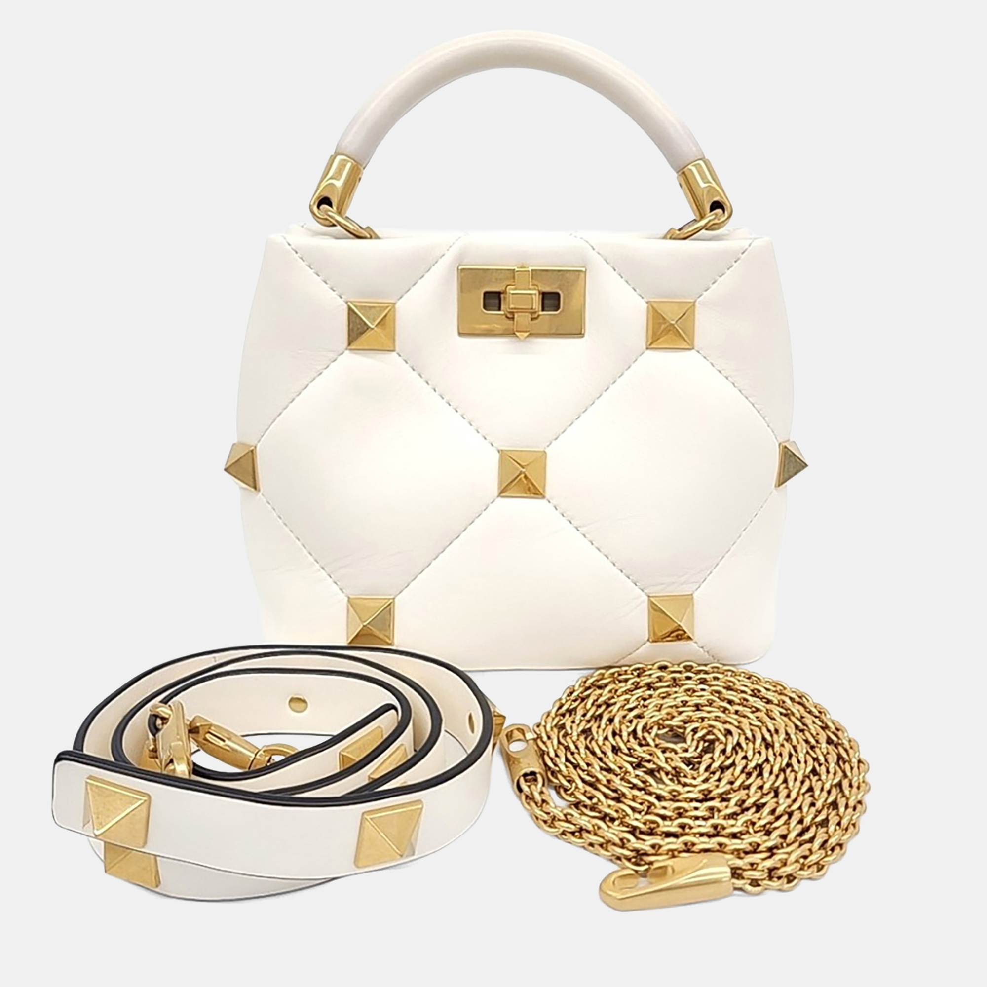 

Valentino White Leather Roman Studded Tote and Shoulder Bag