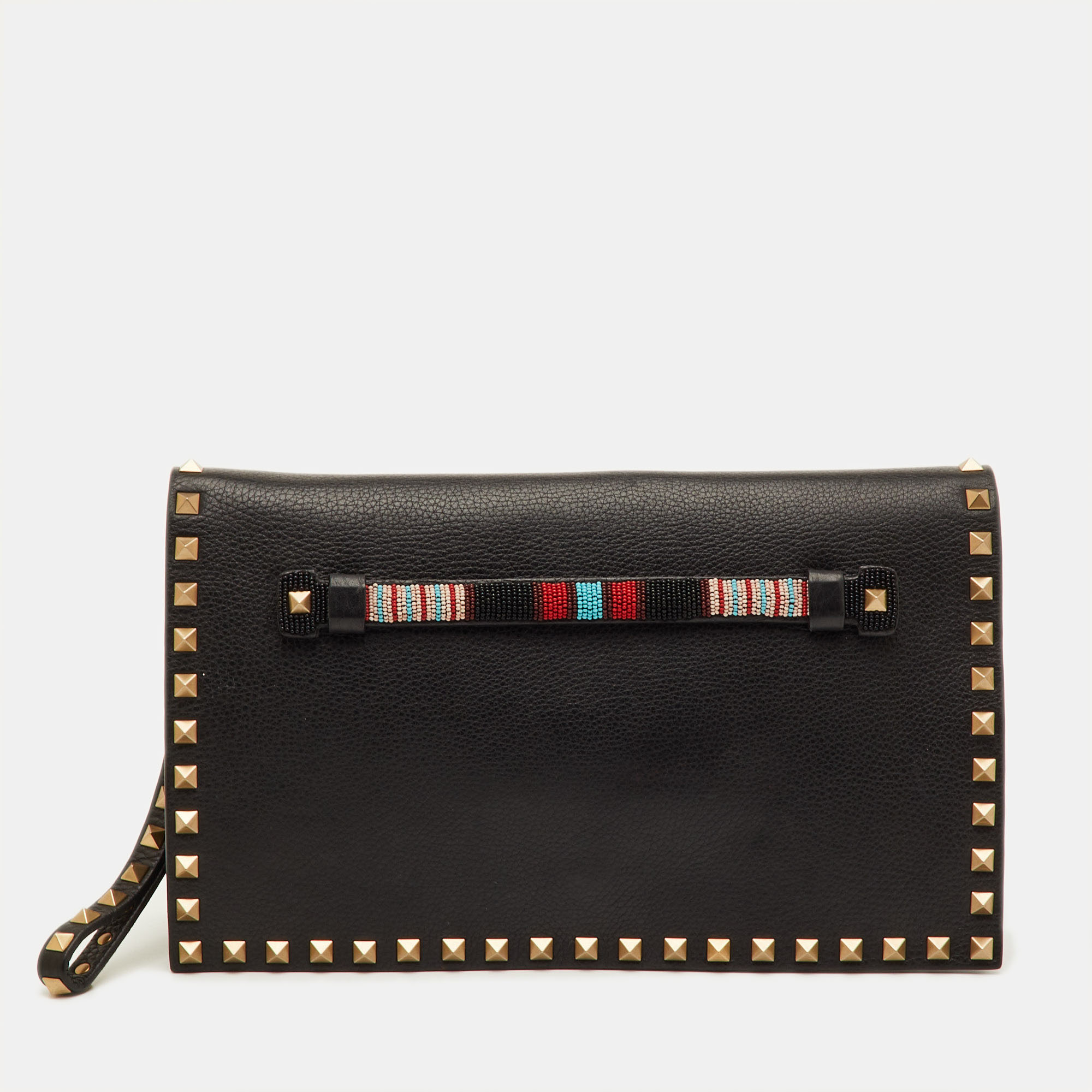

Valentino Rockstud Flap Black Leather Wristlet Clutch