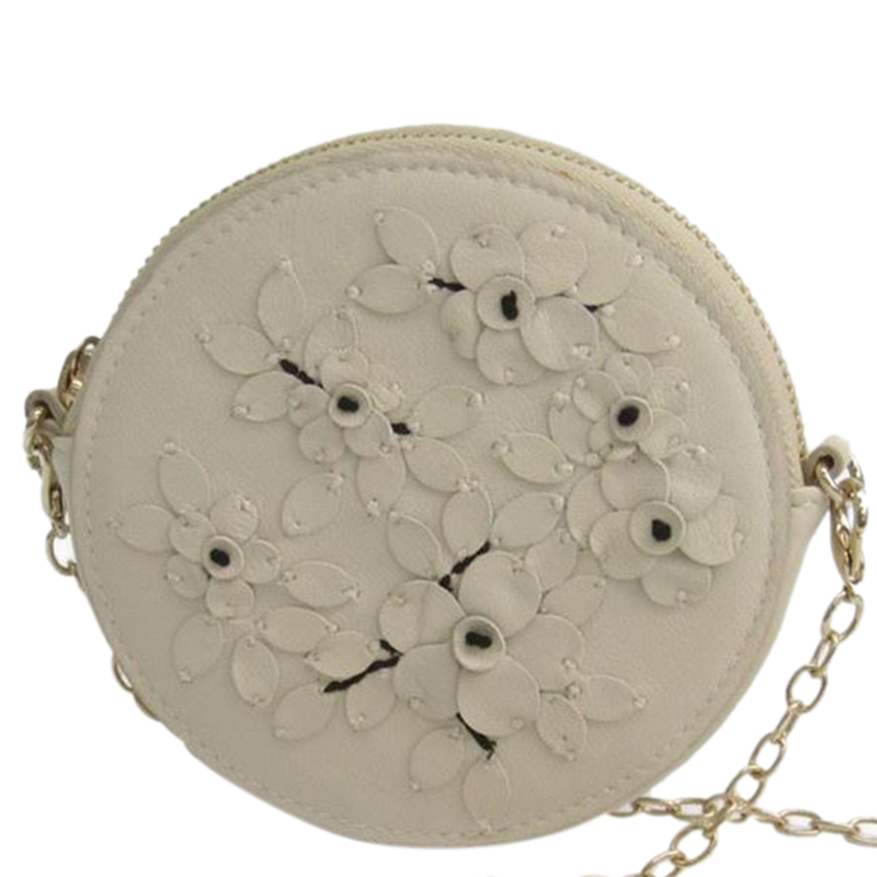 Pre Owned Valentino Light Grey Floral Leather Chain Coin Purse