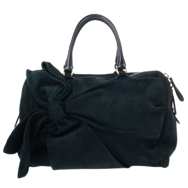 Pre Owned Valentino Green Suede Leather Bow Boston Bag