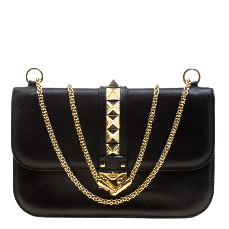 Valentino Black Leather Rockstud Medium Glam Lock Flap Bag