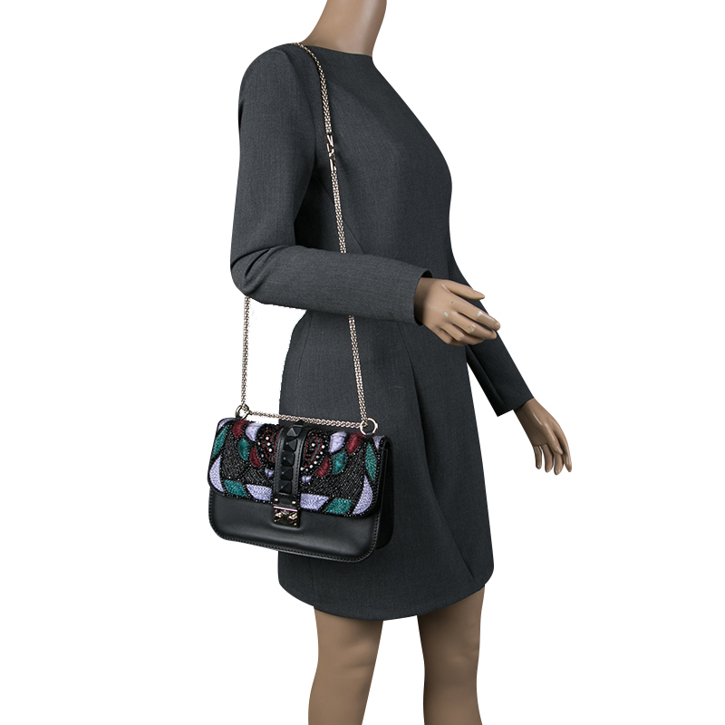 

Valentino Black Leather  Beads Embellished Glam Lock Shoulder Bag