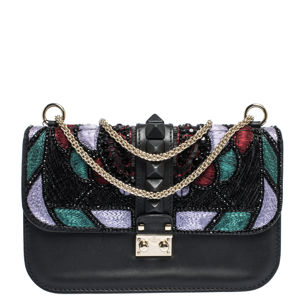 Pre Owned Valentino Black Leather Medium Beads Embellished Glam Lock Shoulder Bag