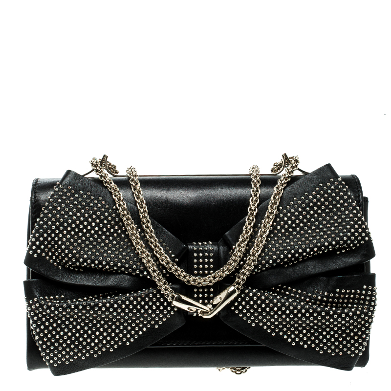 Pre Owned Valentino Black Leather Studded Bow Crossbody Bag