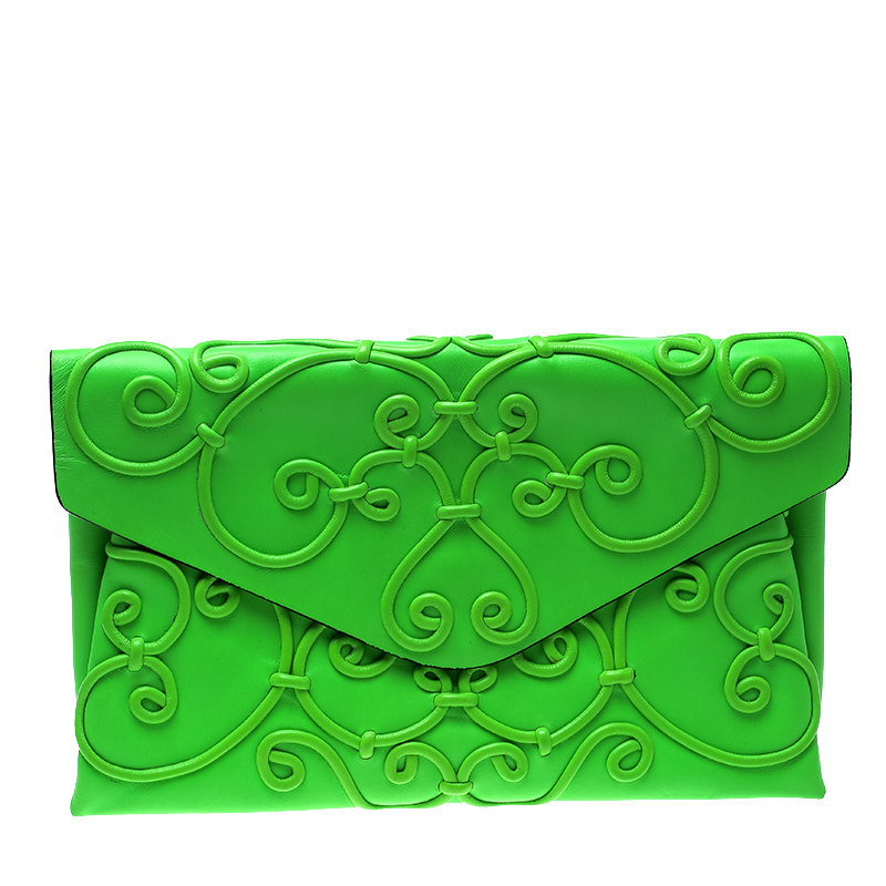 Pre Owned Valentino Neon Green Leather Intricate Clutch