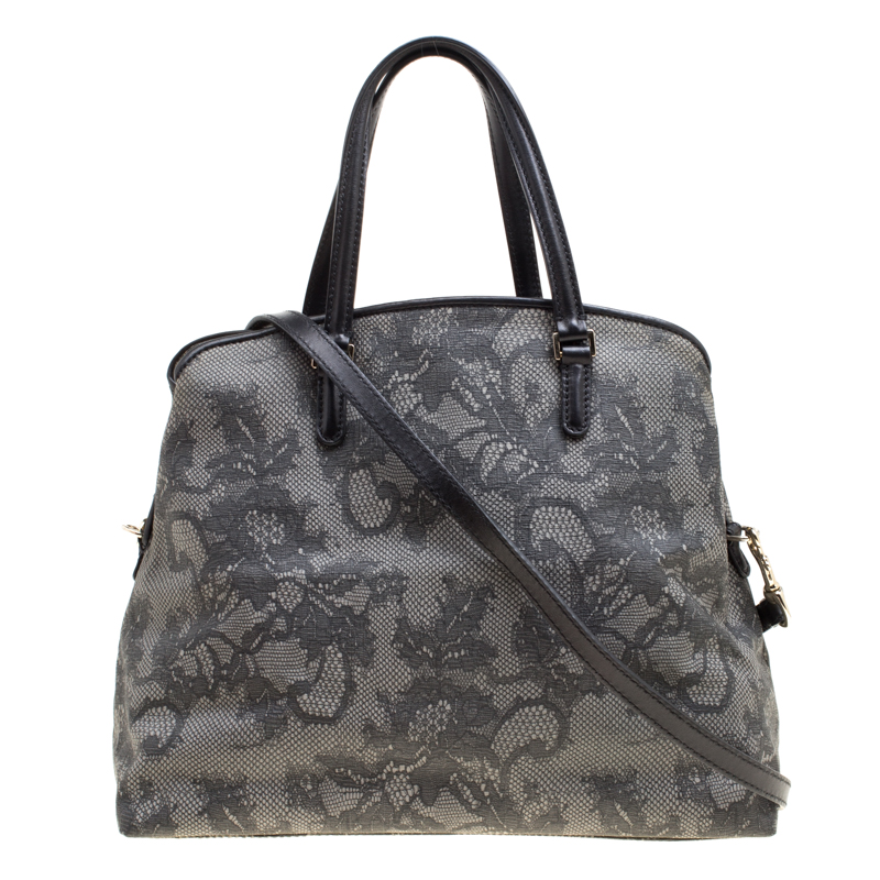 Pre Owned Valentino Grey Lace Print Coated Canvas Satchel