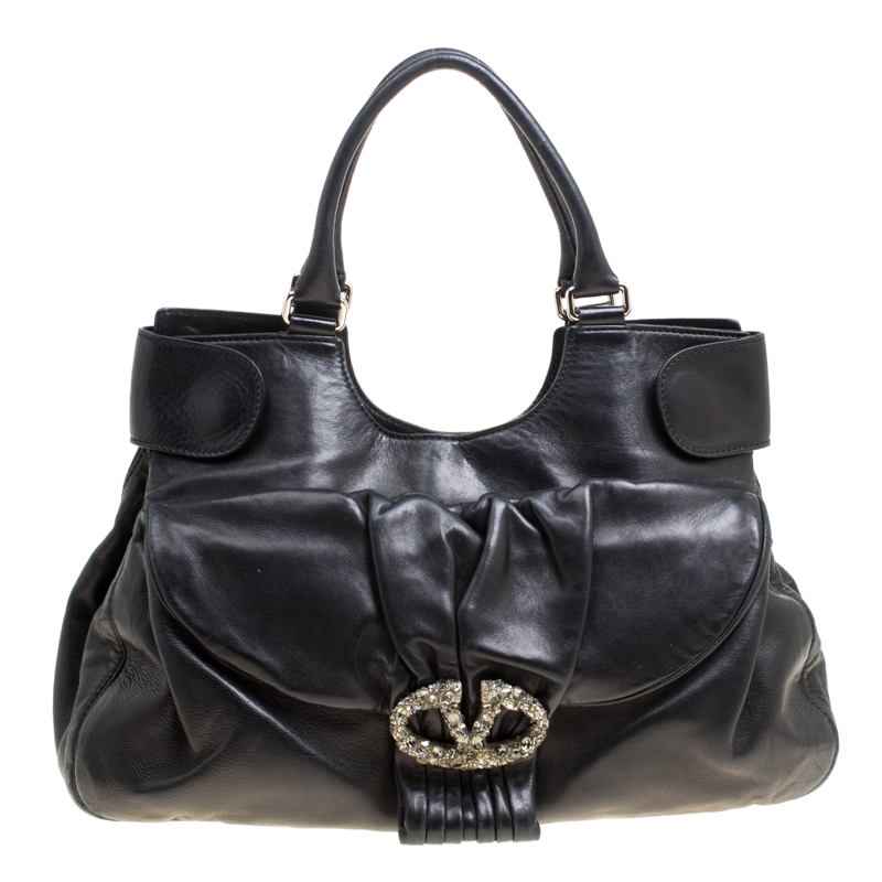 Pre Owned Valentino Black Leather Crystal Embellished Logo Satchel