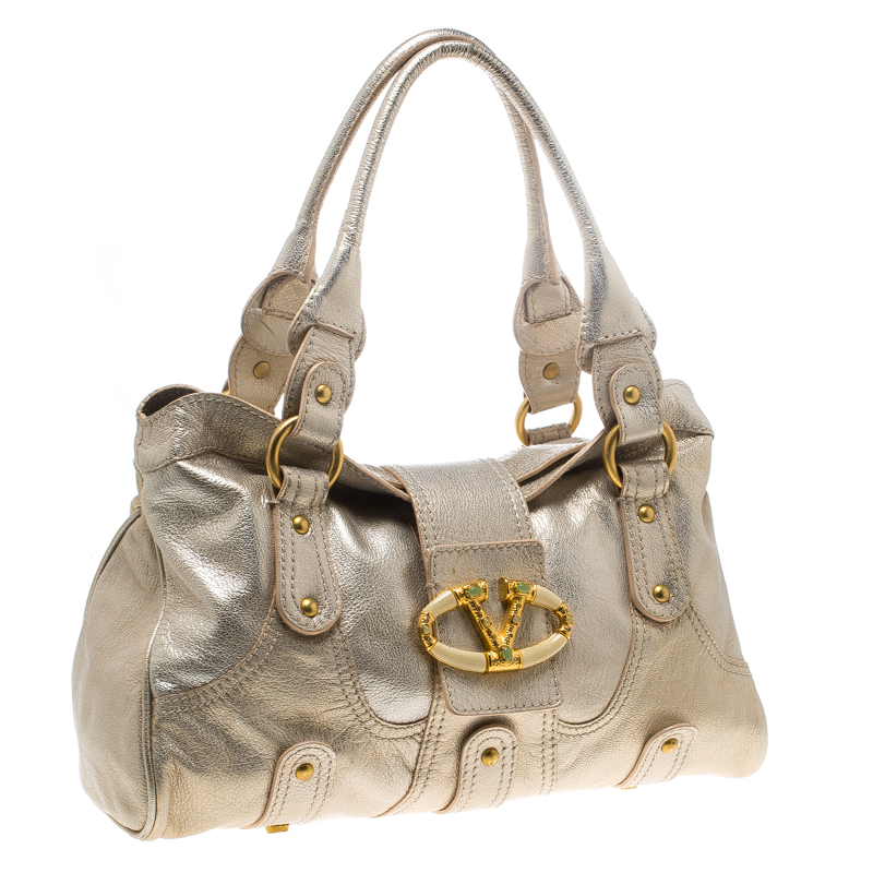 Pre-owned Valentino Garavani Gold Leather Crystal Catch Satchel