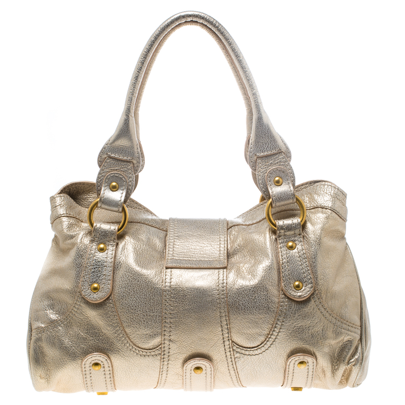 Pre-owned Valentino Garavani Gold Leather Crystal Catch Satchel