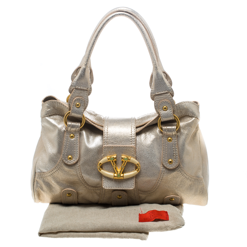 Pre-owned Valentino Garavani Gold Leather Crystal Catch Satchel