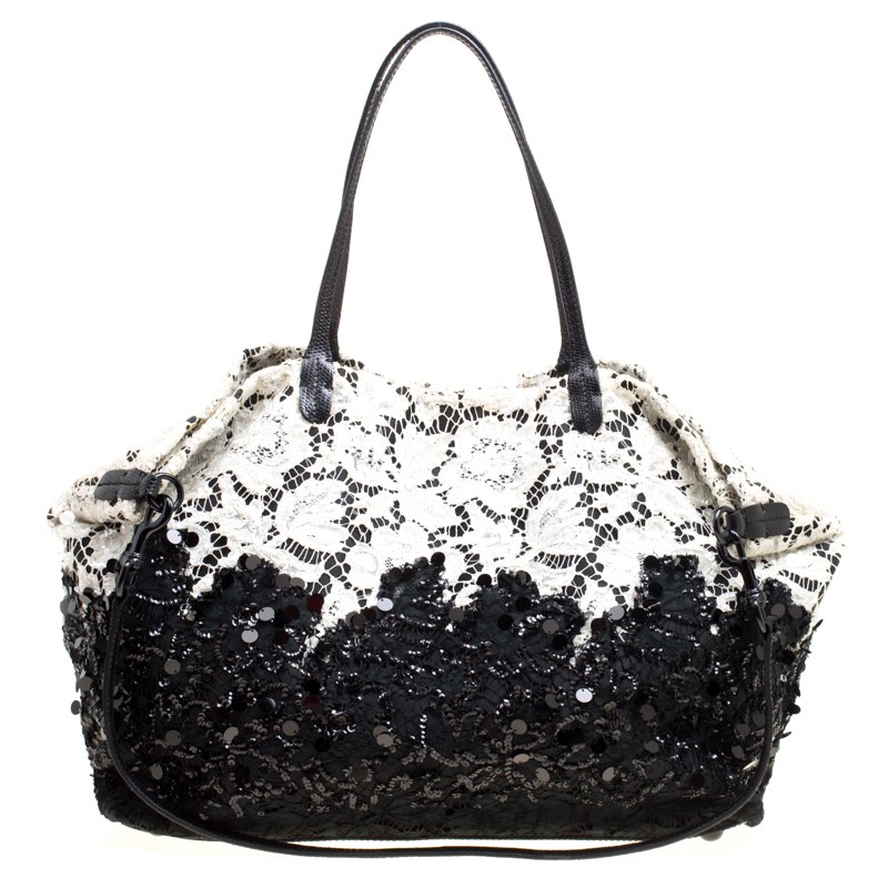 Pre Owned Valentino Black/White Lace/Sequins and Leather Tote