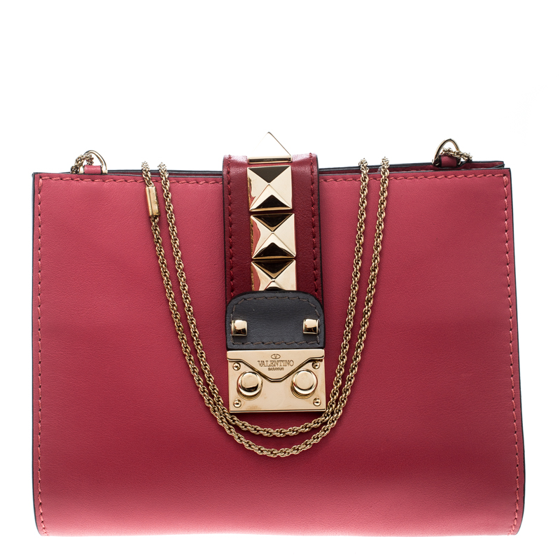 Valentino Pink/Green Leather Chain Clutch