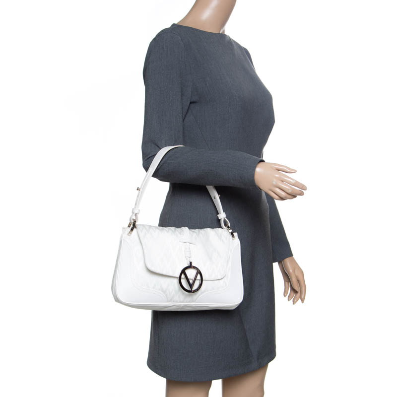 

Valentino White Fabric Logo Charm Shoulder Bag