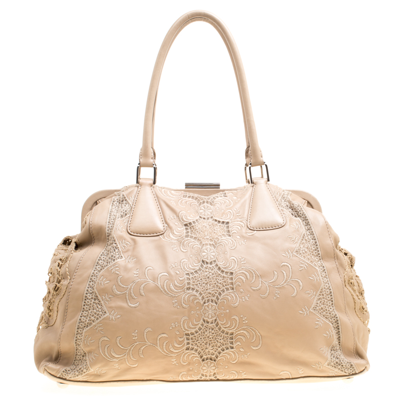 Pre Owned Valentino Biege Leather and Lace Frame Tote