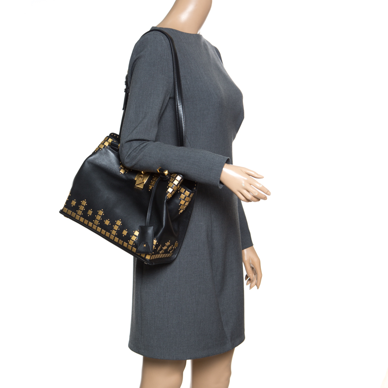 

Valentino Black Leather Medium Joy Lock Studded Top Handle Bag