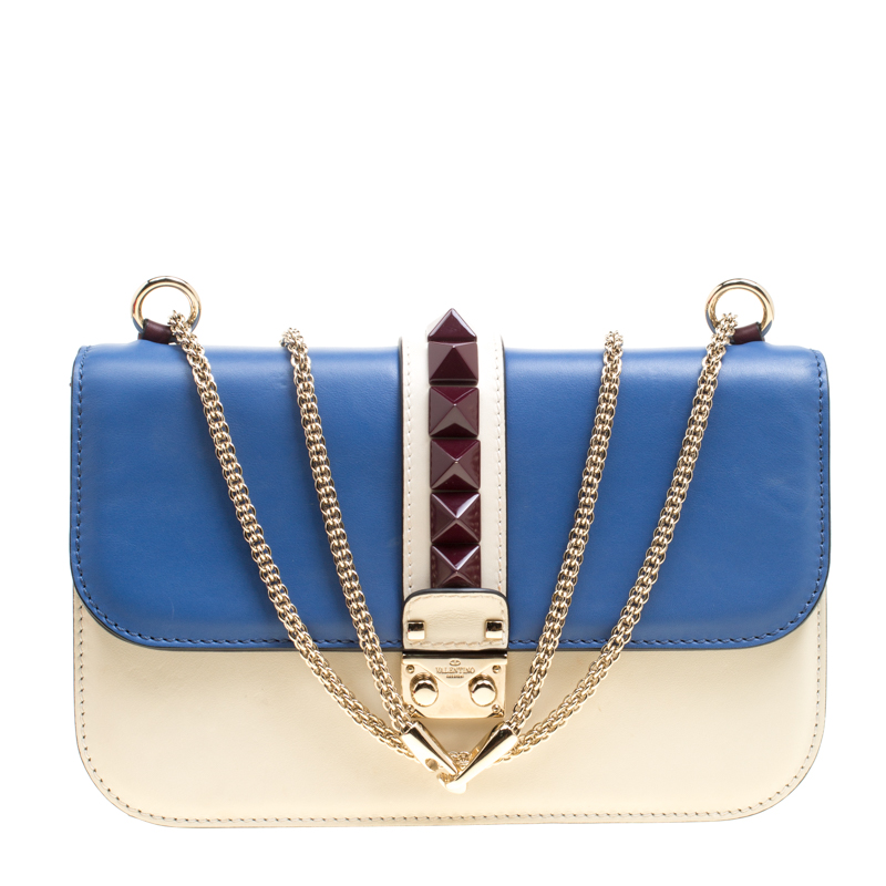 Pre Owned Valentino Tri Color Leather Rockstud Medium Glam Lock Flap Bag