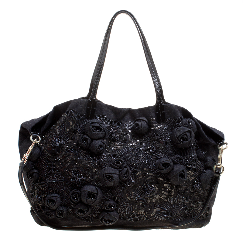 Valentino Dark Blue/Black Canvas Sequin Beaded Floral Applique Tote ...