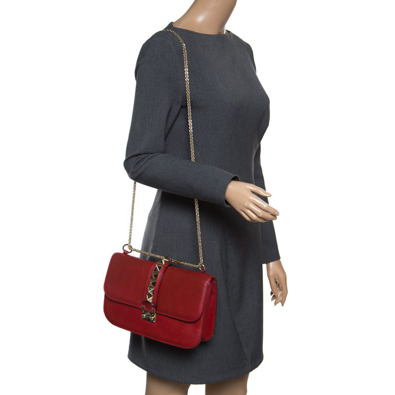 

Valentino Red Leather Rockstud Medium Glam Lock Flap Bag