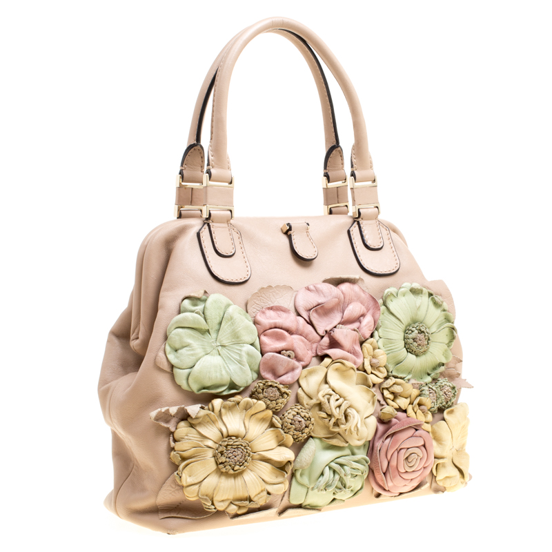 Valentino Garavani Beige/multicolor Leather Floral Applique Frame Satchel