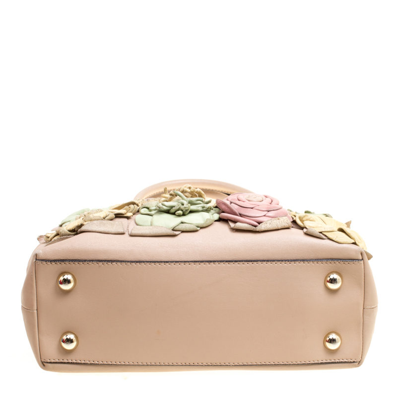 Valentino Garavani Beige/multicolor Leather Floral Applique Frame Satchel