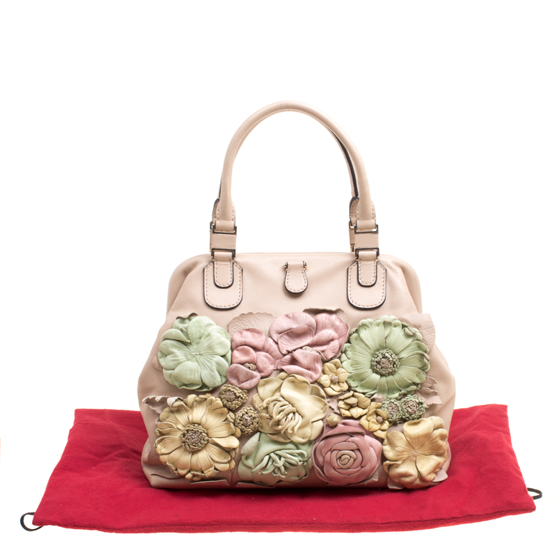 Valentino Garavani Beige/multicolor Leather Floral Applique Frame Satchel