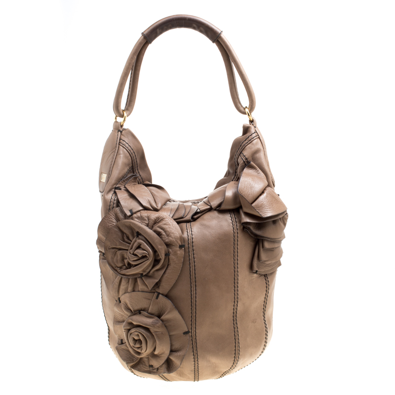 Pre Owned Valentino Khaki Brown Leather Bucket Hobo