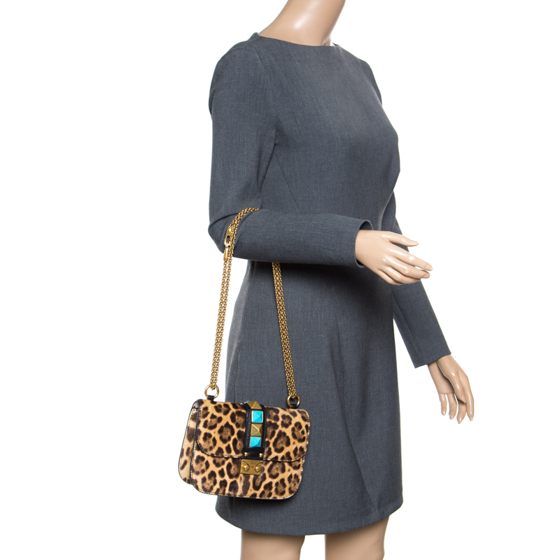 

Valentino Brown Leopard Print Calf hair Rockstud Small Glam Lock Shoulder Bag