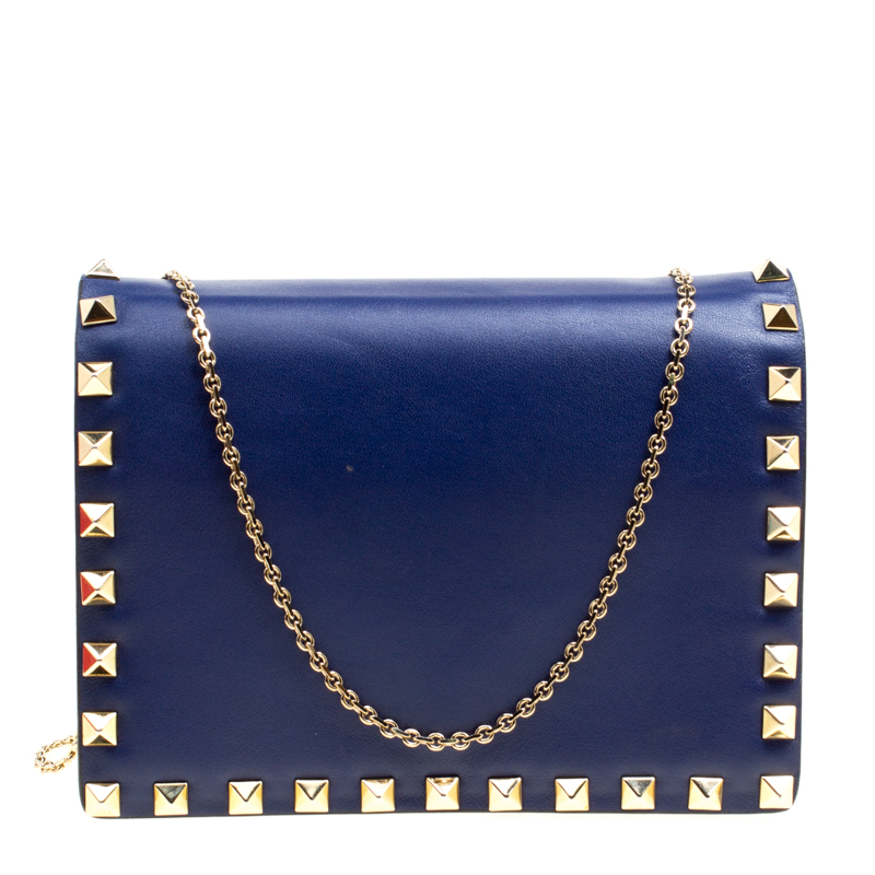 Pre Owned Valentino Blue Leather Rockstud Chain Shoulder Bag