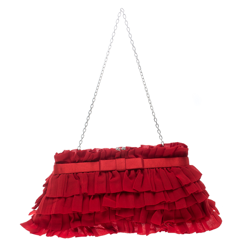 Pre Owned Valentino Red Chiffon and Satin Ruffled Evening Clutch 