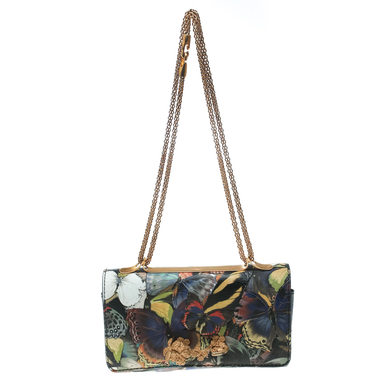 Pre Owned Valentino Multicolor Canvas and Leather Butterfly Mixed Media Shoulder Bag