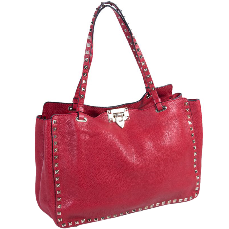 

Valentino Red Grained Leather  Rockstud Trapeze Tote