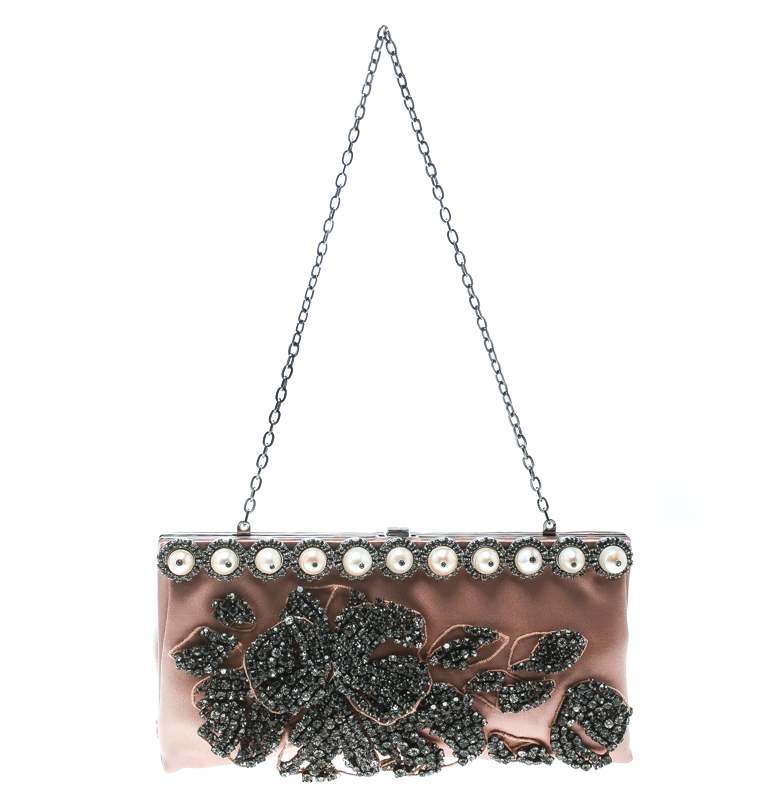Pre Owned Valentino Beige Satin Crystal and Pearl Embellished Frame Clutch