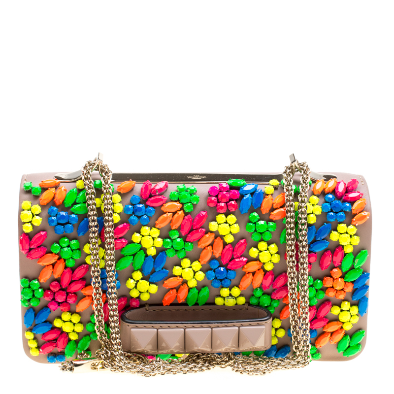 Pre Owned Valentino Beige Leather Jewel Embellished Va Va Voom Shoulder Bag