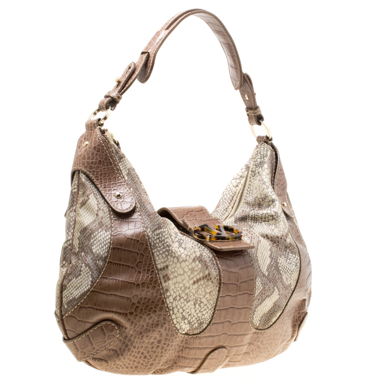 Pre-owned Valentino Garavani Beige Croc Embossed Leather And Python Print Canvas Hobo
