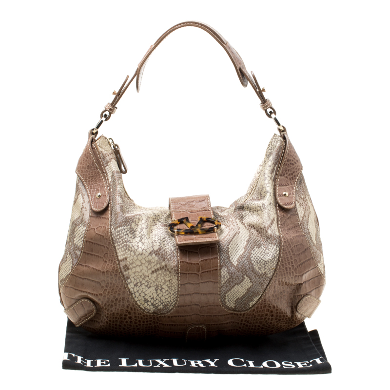 Pre-owned Valentino Garavani Beige Croc Embossed Leather And Python Print Canvas Hobo