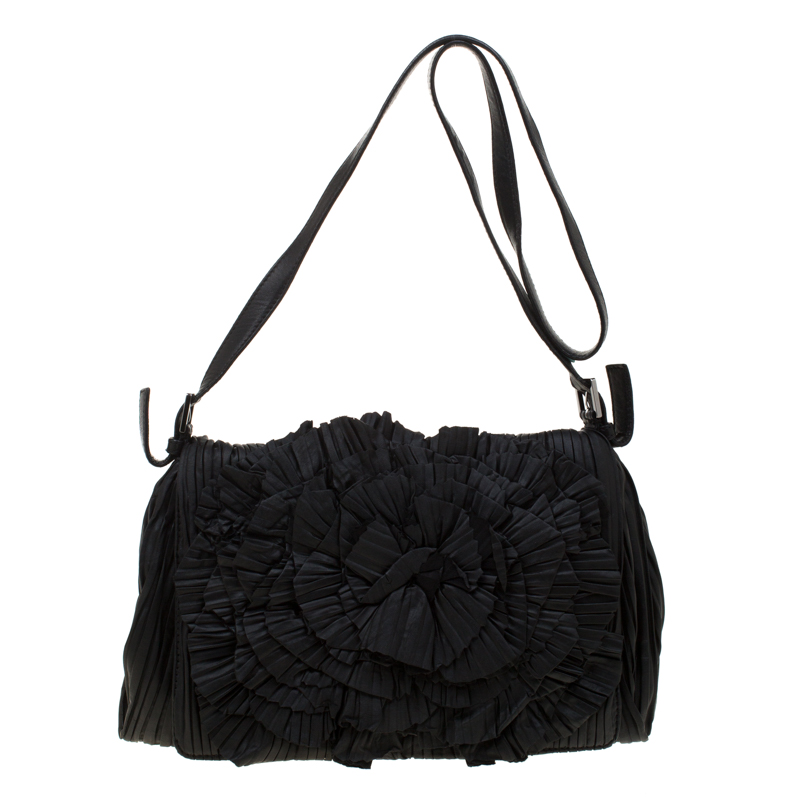 Pre Owned Valentino Black Pleated leather Petale Crossbody Bag