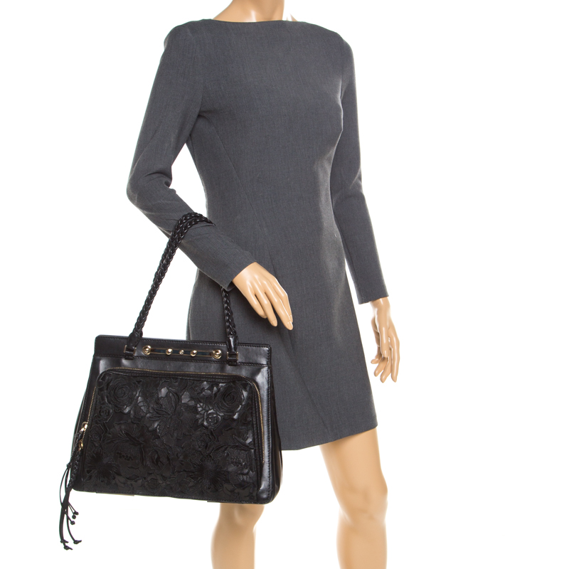 

Valentino Black Leather and Lace Demetra Tote