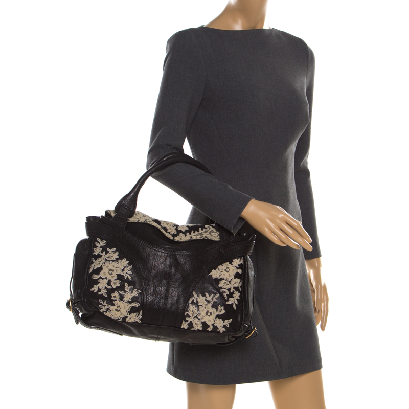 

Valentino Black Flower Lace Embroidered Leather Tote