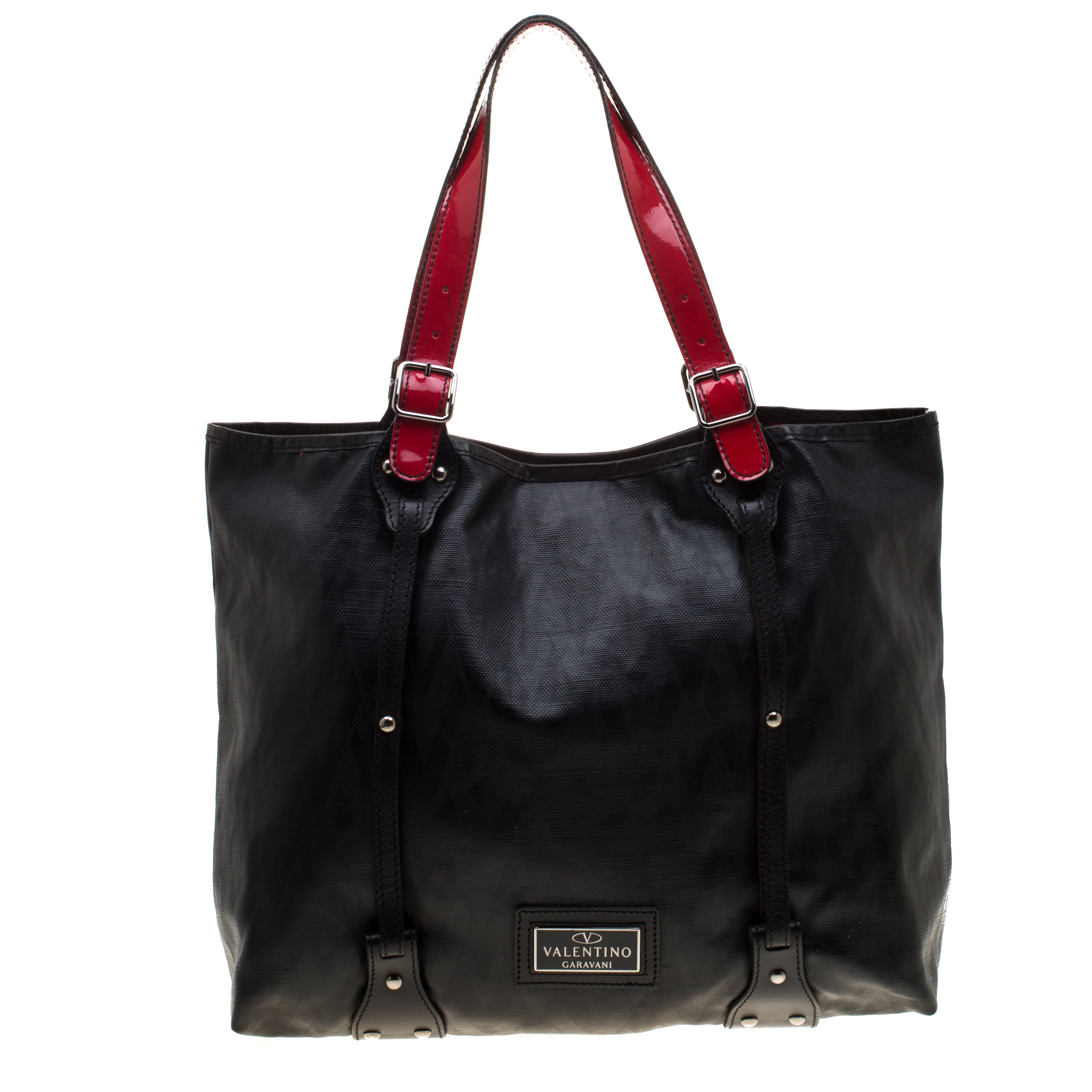 Pre Owned Valentino Black/Red Coated Canvas and Leather Tote