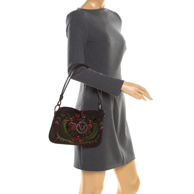 

Valentino Brown Flowers Embroidered Suede and Leather Vring Shoulder Bag