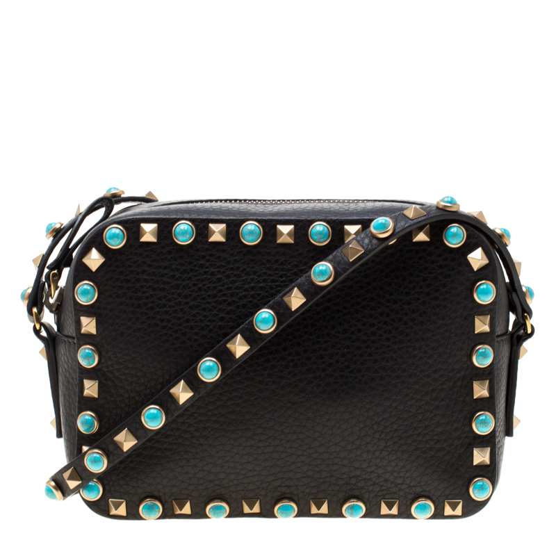 Pre Owned Valentino Black Leather Small Rolling Rockstud Crossbody Bag